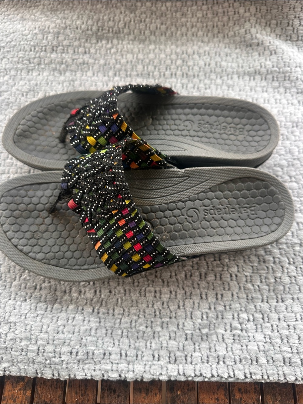 BareTraps Gray Slide Sandals with Multicolor Woven Straps